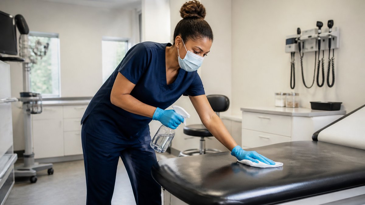 Professional cleaning staff wearing protective gloves and applying disinfectant to high-touch surfaces in a bright medical exam room with modern equipment