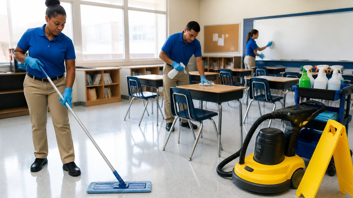 Professional janitorial staff in uniform cleaning a school classroom with microfiber mops and disinfectant spray, wiping desks and surfaces while specialized floor care equipment rests nearby, bright natural light from windows