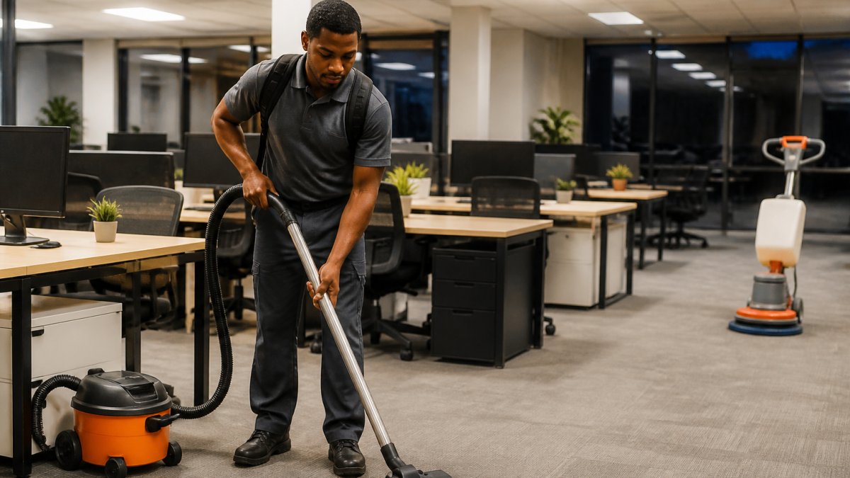 A janitorial crew member in uniform vacuuming an open-plan small office after hours, with desks, computers, and a floor buffer visible in the background