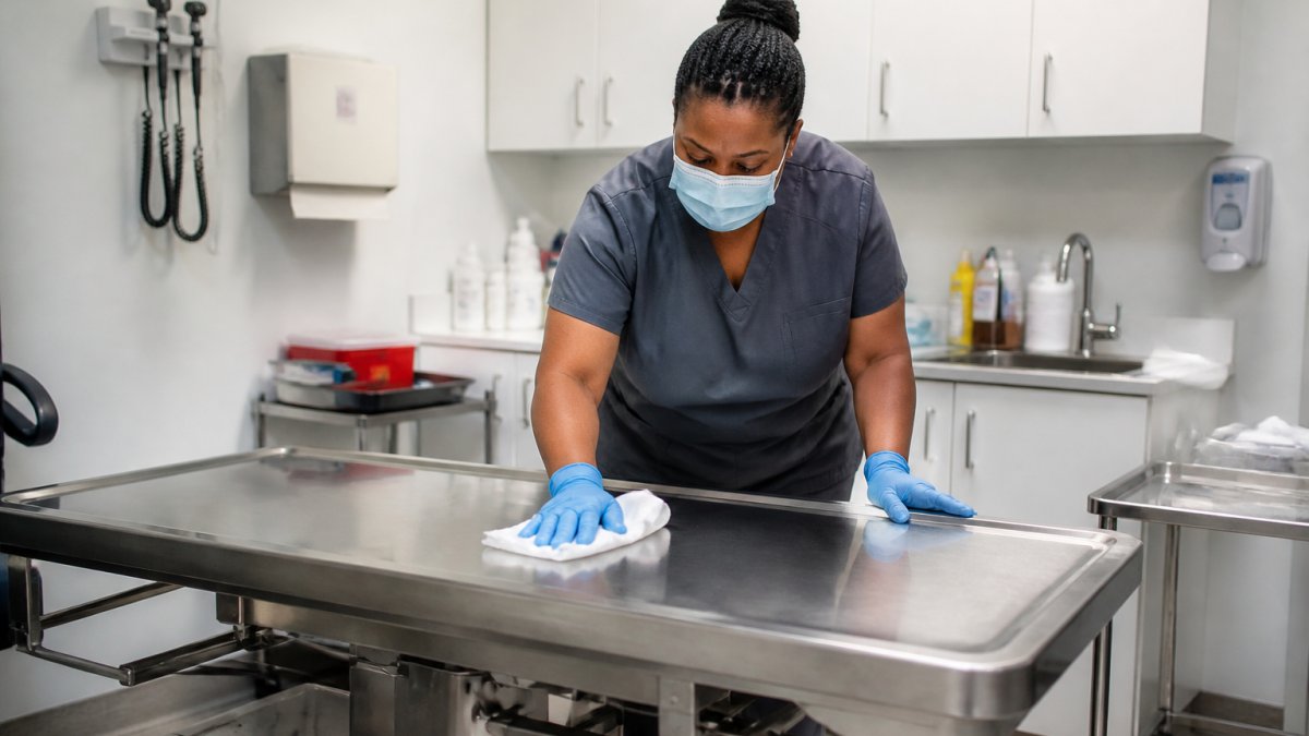 A cleaning professional in gloves wiping down a stainless steel examination table in a bright medical office, with disinfected surfaces and equipment visible in the background